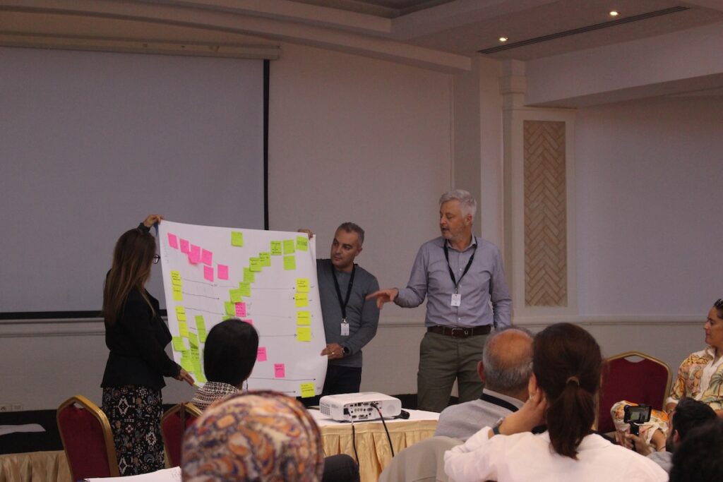 Members of a group present the pathway they created to reach their desirable vision of the future for the Mediterranean Sea. ©INSPIRI