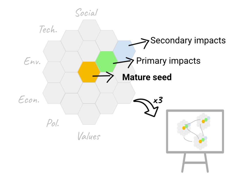 Future Wheels," a graphic brainstorming method that helps visualize the potential direct and indirect consequences or impacts of the seeds, were they to become part of the mainstream.
